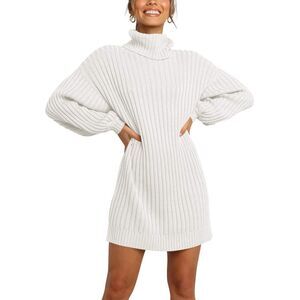 Batwing Long Sleeve Ribbed Knit Loosel Short Dress, SMALL, 19A-175D003